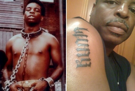  mini-series "Roots" (L) and showing off his Levar/Kunta tattoo in 2009 